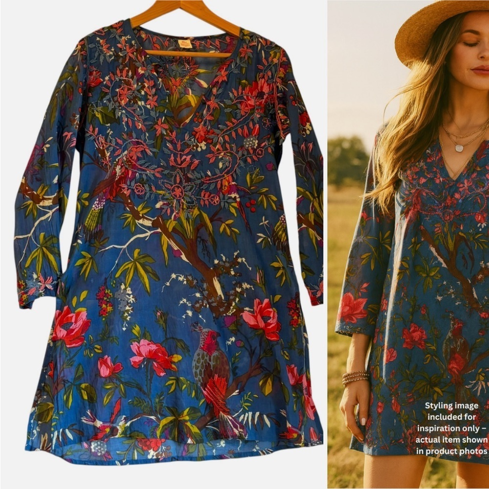 RAJ Embroidered Boho Tunic Dress Swim Cover Up M Unique Floral/Bird Print Hippie
